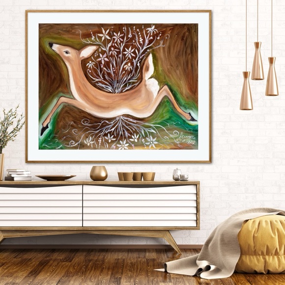 Graceful Doe Art Print Oil Painting whimsical minimalist natural nature flowers - Picture 6 of 6